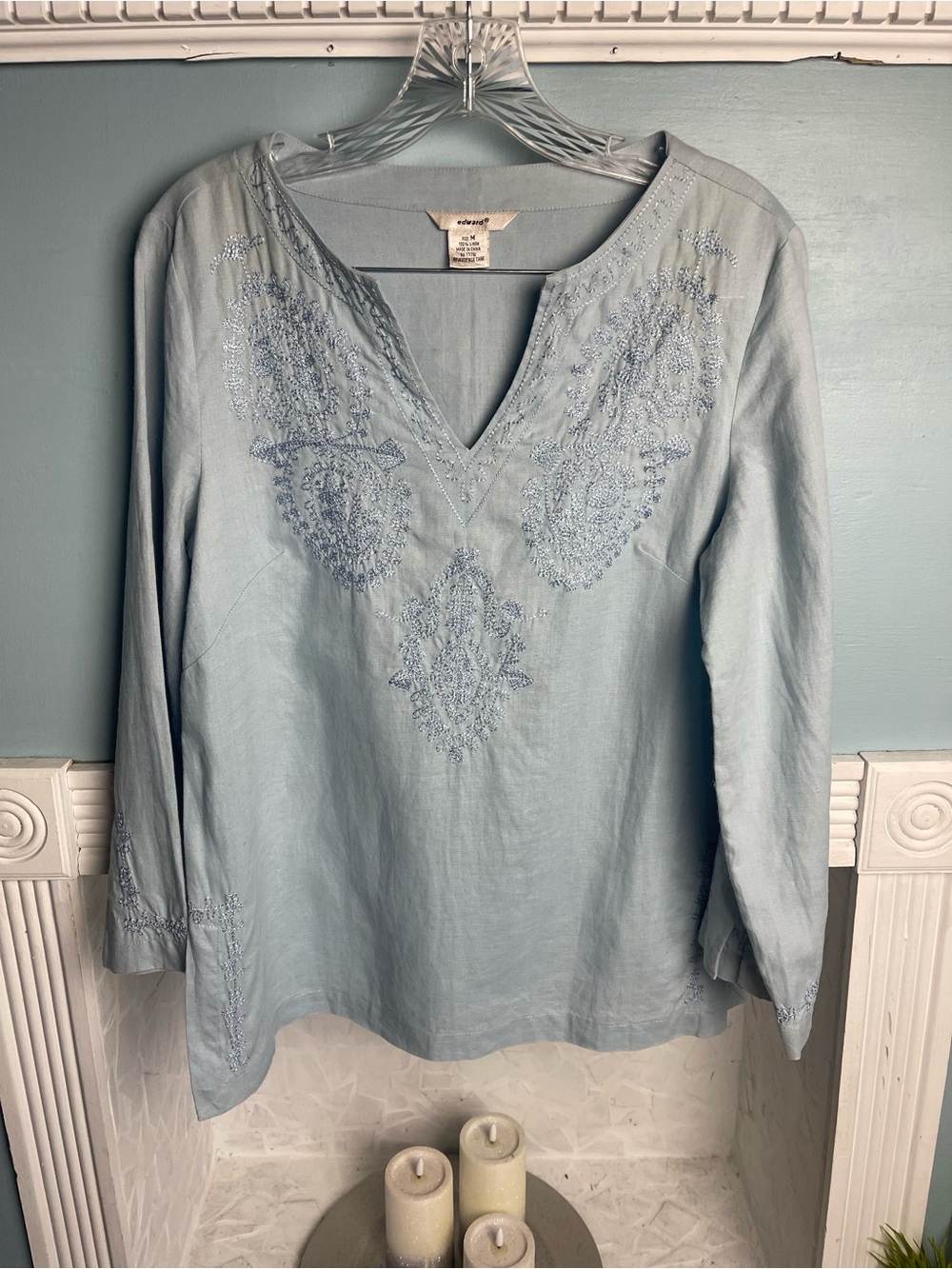 Edwards 100% Irish Linen Ice Blue Embroidered V-Neck Tunic Top Lagenlook